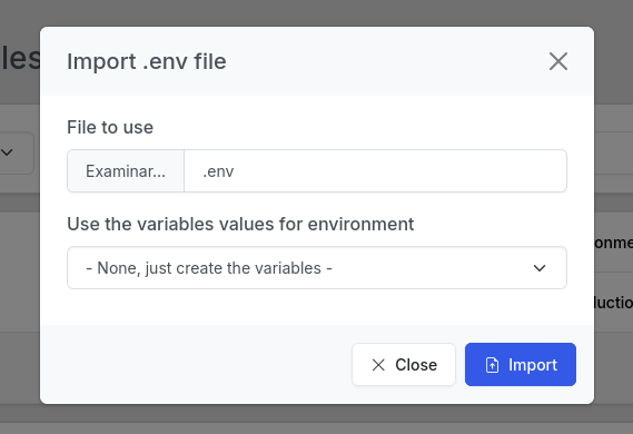 Import env file dialog no env